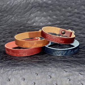 Personalized TBD Wrist Band in Horween Leather. Custom made in Houston, TX.