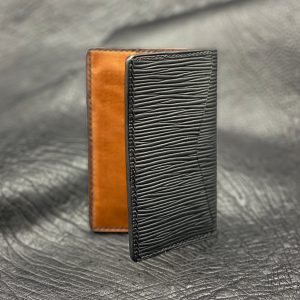 Custom, Personalized Pocket Organizer Wallet in Black Montebelle Epi Calfskin over Buck Brown Harness Leather
