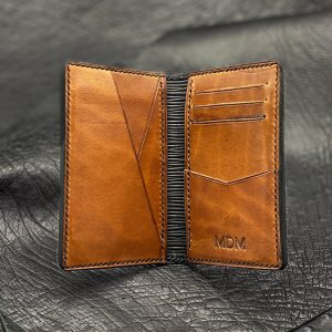 Custom, Personalized Pocket Organizer Wallet in Black Montebelle Epi Calfskin over Buck Brown Harness Leather