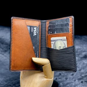 Custom, Personalized Pocket Organizer Wallet in Black Montebelle Epi Calfskin over Buck Brown Harness Leather