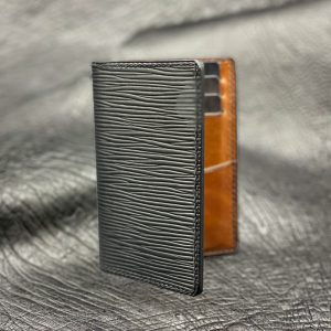 Custom, Personalized Pocket Organizer Wallet in Black Montebelle Epi Calfskin over Buck Brown Harness Leather